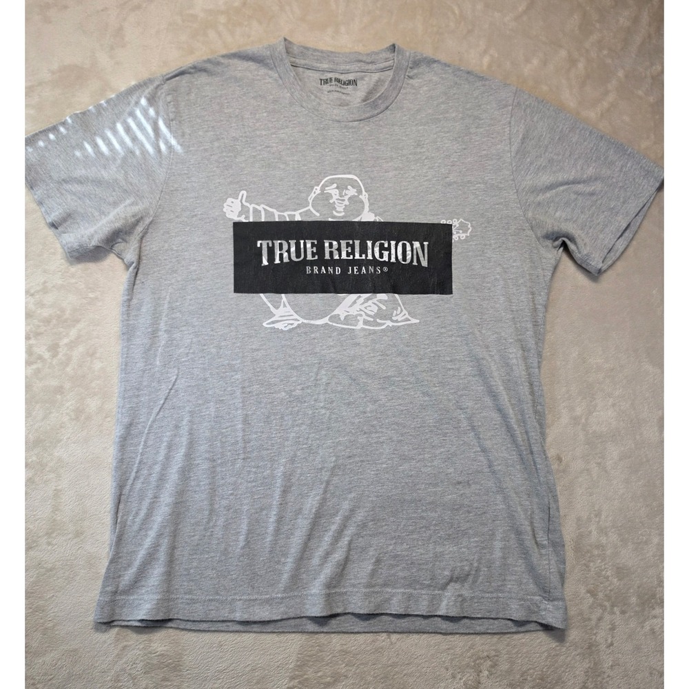 True Religion Mens Buddha Logo Graphic T-Shirt Gray Short Sleeve Medium